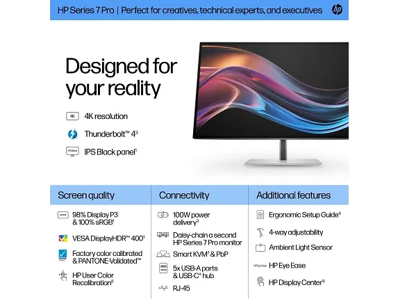 Hp S7 PRO 727PK 4K TB4 MNTR HP 727pk 27" Class 4K UHD LCD Monitor - 16:9 - Natural Silver - 68.6 cm (27") Viewable - In-plane Switching (IPS) Black Technology - 3840 x 2160 - 1.07 Billion Colors - 400 cd/m² - 5 ms - USB Type-C - HDMI - DisplayPort - VESA Mount Compatible - KVM Switch view 4