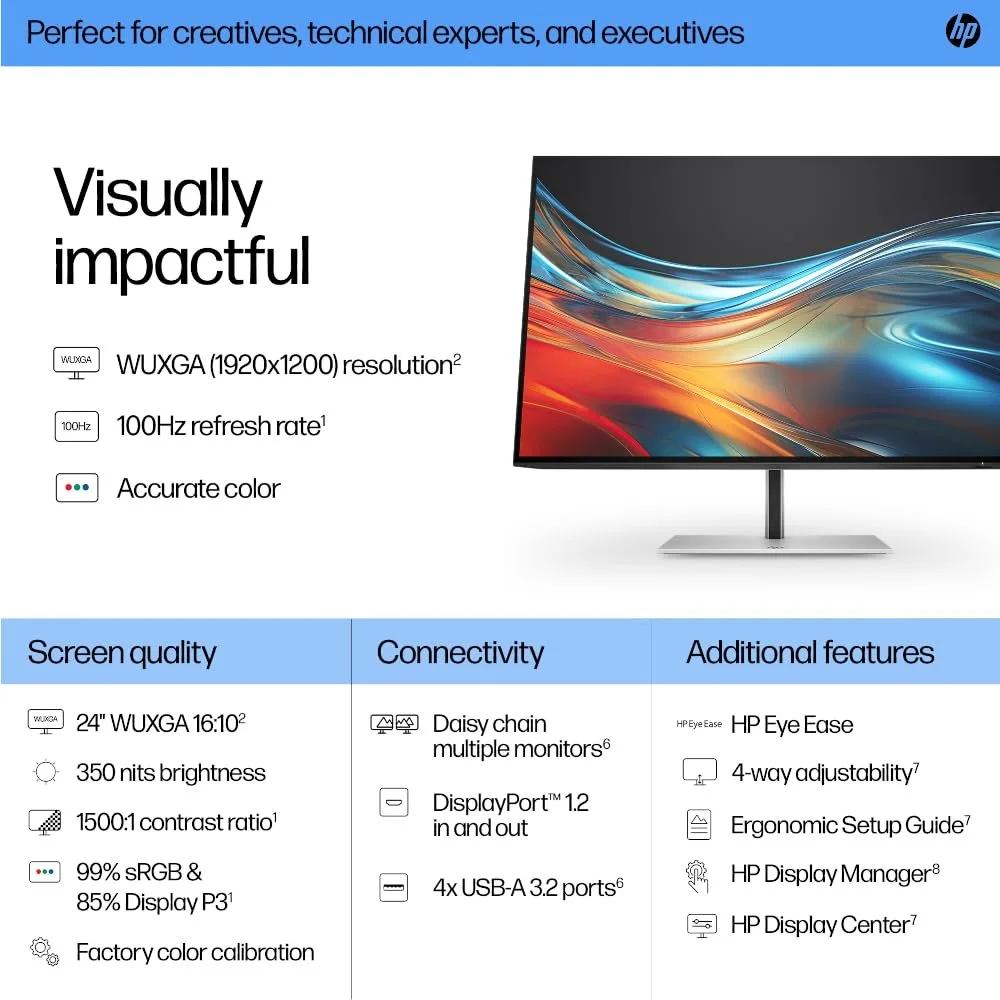 Hp S7 PRO 724PN WUXGA MNTR HP 724pn 24" Class WUXGA LCD Monitor - 16:10 - 61 cm (24") Viewable - In-plane Switching (IPS) Technology - 1920 x 1200 - 16.7 Million Colours - 350 cd/m² - 5 ms - HDMI - DisplayPort - VESA Mount Compatible - USB Hub view 2