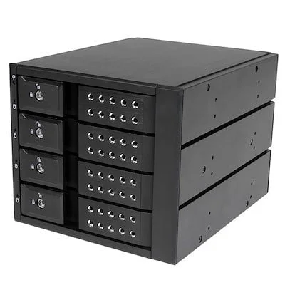 Startech.Com 4 Bay Hot Swap Mobile Rack Backplane StarTech.com Drive Enclosure for 5.25" SATA/600, Serial Attached SCSI (SAS) - 6Gb/s SAS Host Interface Internal - Black - 4 x HDD Supported - 4 x Total Bay - 4 x 3.5" Bay - Aluminium