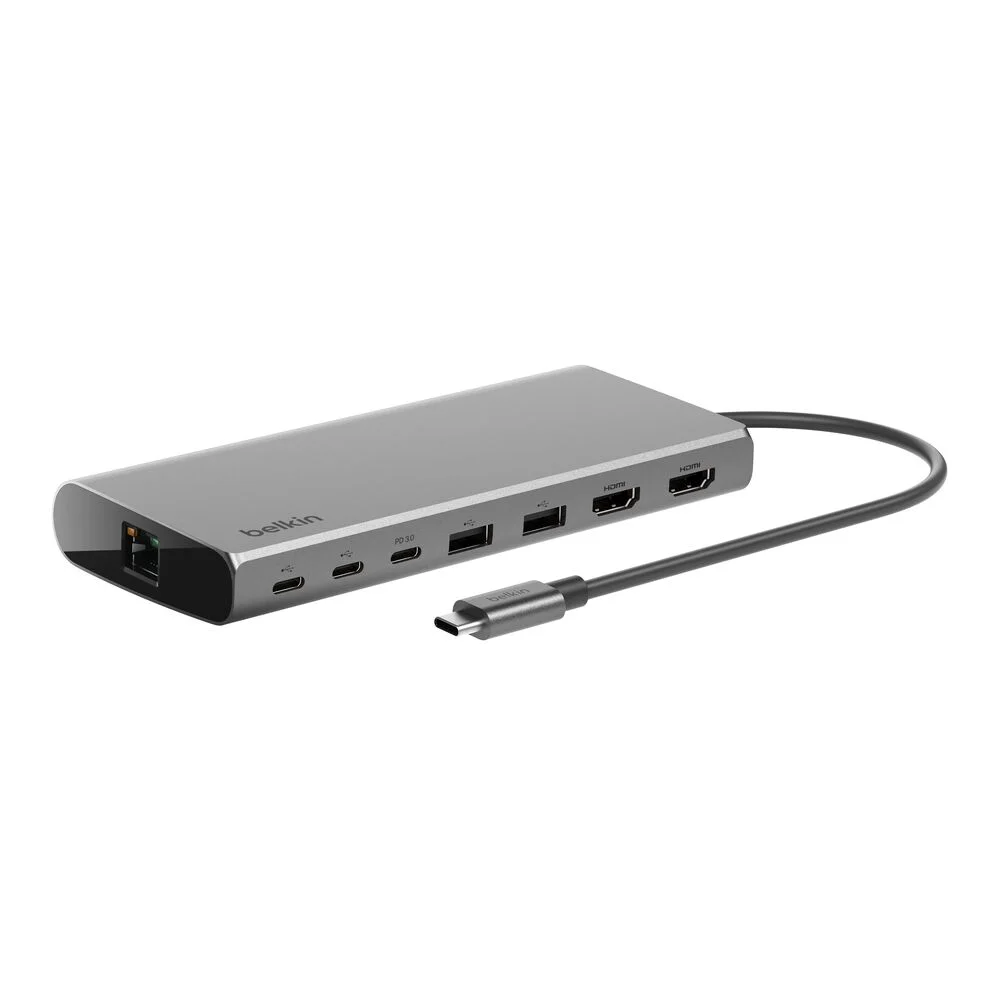 Belkin USB-C 8in1 Dual DisplayCore Hub Belkin Connect USB Type C Docking Station for Tablet, Smartphone, Monitor, Notebook - Charging Capability - 2 Displays Supported - 4K, 4K UHD, 4K @ 60Hz - 3840 x 2160 - 5 x USB Ports - 2 x USB 3.0 - 2 x USB Type-A Ports - USB Type-A - 3 x USB Type-C Ports - USB Type-C - Network (RJ-45) - HDMI - Wired - Gigabit Ethernet - macOS, Windows, ChromeOS - 100W USB Power Delivery