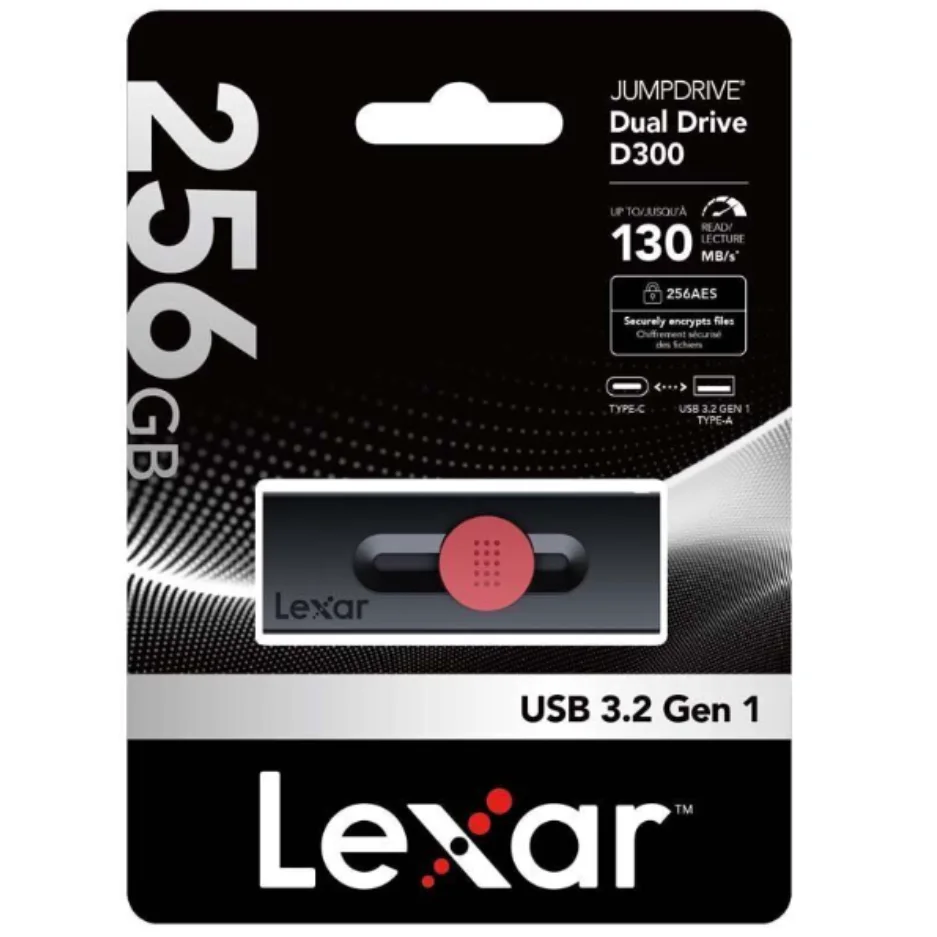 LEXAR 256GB - Lexar JumpDrive Dual Drive D300 USB 3.2 Gen 1 Type-C 2in1 Flash Drive