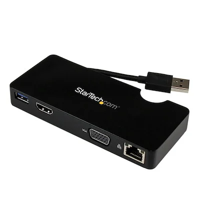 Startech.Com USB 3.0 LAPTOP MINI DOCKING STATION StarTech.com USB3SMDOCKHV USB 3.0 Docking Station for Notebook - Black - 1 Displays Supported - 2048 x 1152 - 2 x USB Ports - 2 x USB 3.0 - USB Type-A - Network (RJ-45) - HDMI - VGA - Wired - Gigabit Ethernet - macOS 14, Windows XP SP3, Windows Vista, Windows 7, Windows 8, Windows 8.1, Windows 10, Windows 11, Mac OS X 10.6 Snow Leopard, Mac OS X 10.12 Sierra, Mac OS X 10.14 Mojave, ...