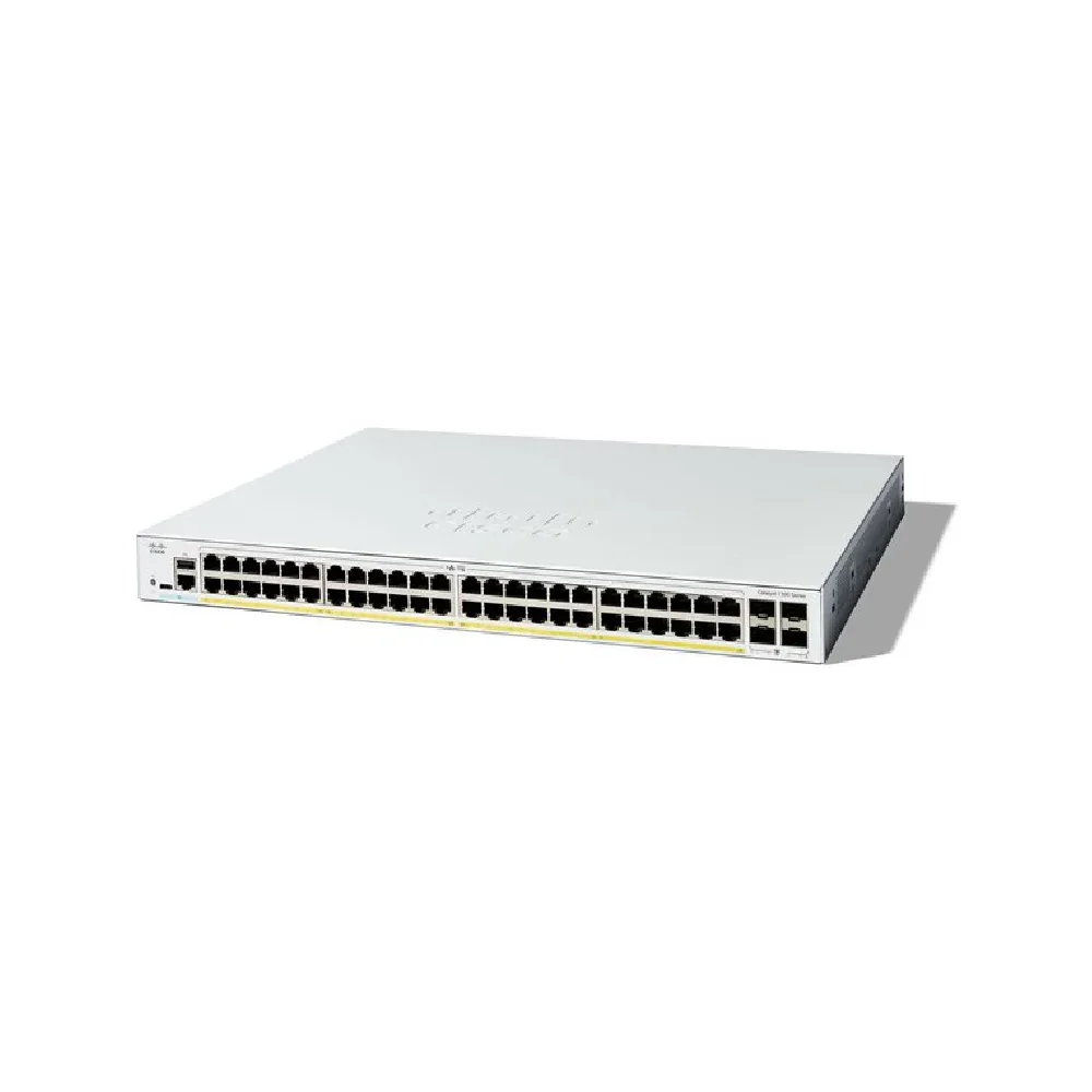 Cisco Catalyst 1300 48-port GE PoE 4x1G SFP Cisco Catalyst 1300 C1300-48P-4G 48 Ports Manageable Ethernet Switch - Gigabit Ethernet - 10/100/1000Base-T, 1000Base-X - 3 Layer Supported - Modular - 4 SFP Slots - 445.85 W Power Consumption - 370 W PoE Budget - Optical Fiber, Twisted Pair - PoE Ports - 1U - Rack-mountable