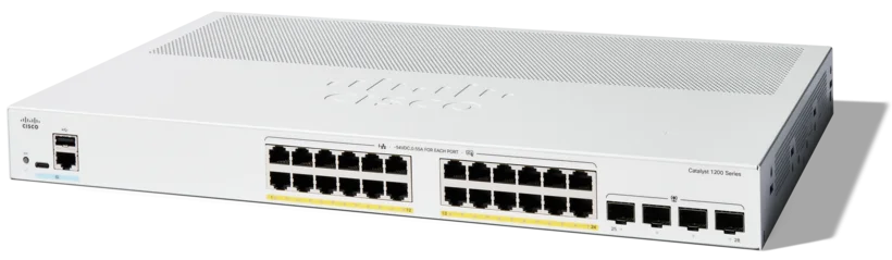Cisco Catalyst 1200 24-port GE PoE 4x1G SFP Cisco Catalyst 1200 C1200-24P-4G 24 Ports Manageable Ethernet Switch - Gigabit Ethernet - 1000Base-X, 10/100/1000Base-T - 3 Layer Supported - Modular - 4 SFP Slots - 236.40 W Power Consumption - 195 W PoE Budget - Optical Fiber, Twisted Pair - PoE Ports - 1U - Rack-mountable