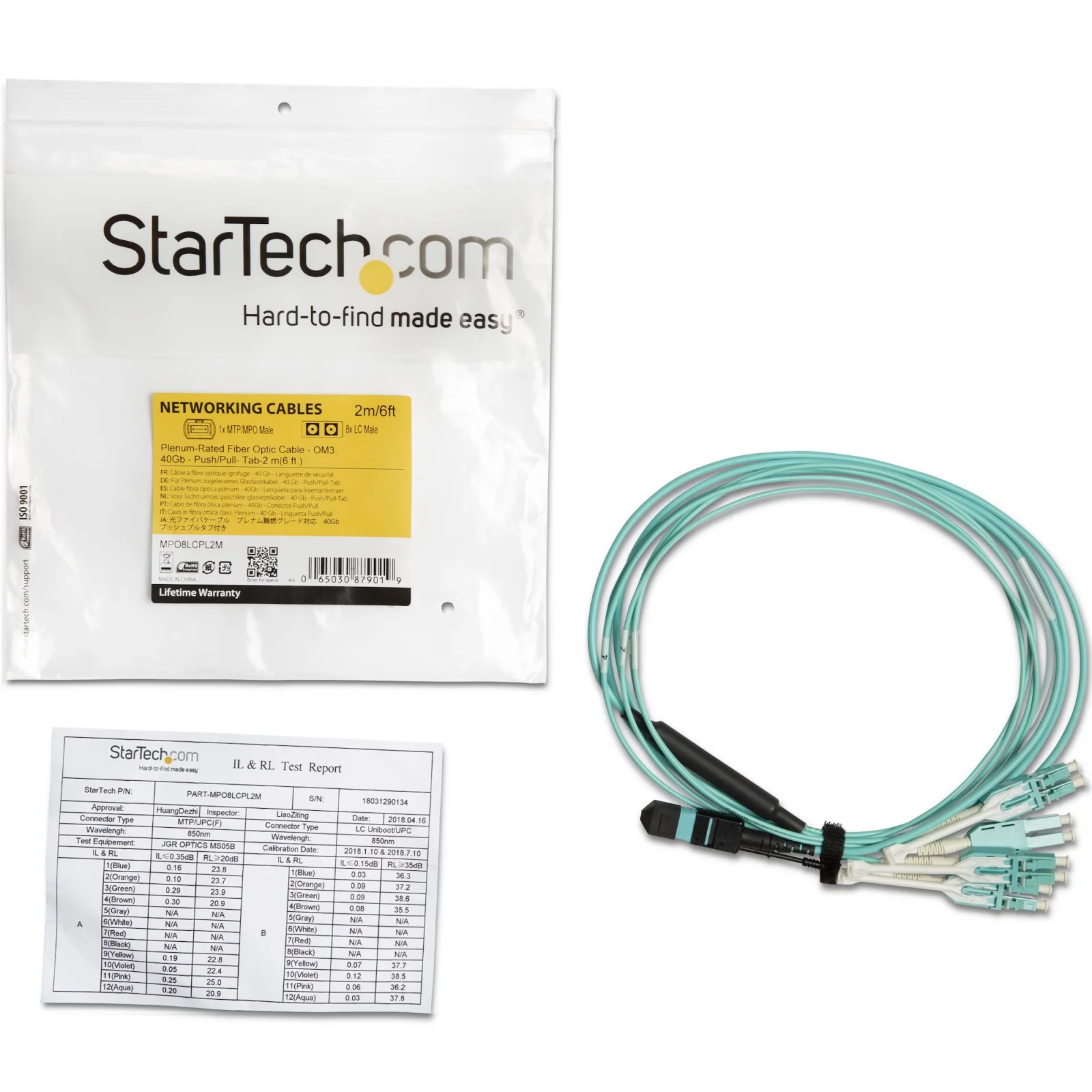STARTECH MPO8LCPL3M Startech 3m MTP/MPO 8 x LC, 40G, OM3, Multi mode, Aqua, Plenum, Pull