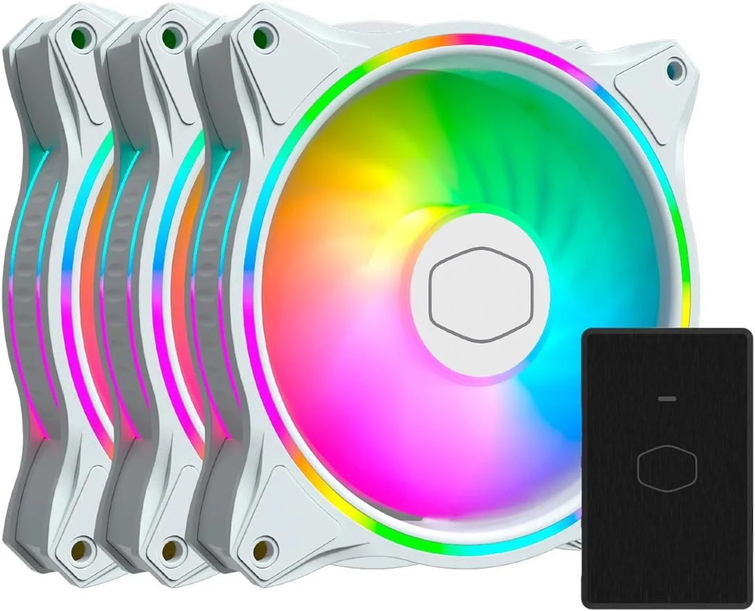 COOLER MASTER MFL-B2DW-183PA-R1 Cooler Master MasterFan MF120 Halo White Edition 3in1 Duo-Ring ARGB 3-Pin Fan, 24 Independently LEDs, 120mm PWM Static Pressure Fan, Absorbing Pads for Computer Case & Liquid Radiator