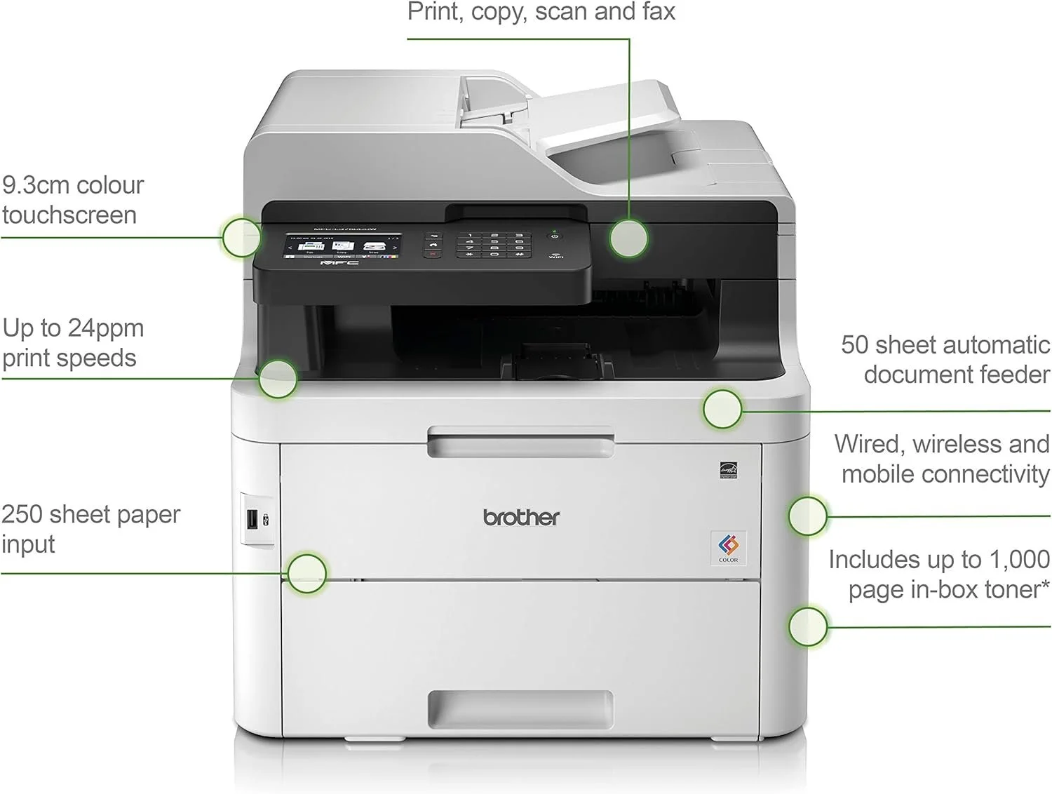 BROTHER MFC-L3750CDW Brother COLOUR LASER Print/Scan/Copy/Fax/PC FaxA4 Standard tray up 250 sheets, manual feed slot