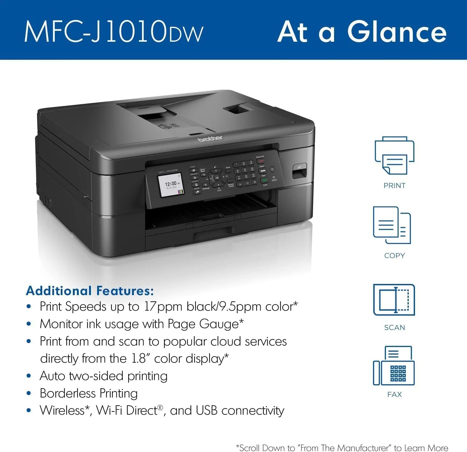 BROTHER MFC-J1010DW Brother A4 INKJET Print, Scan, Copy, PC Fax, Sending & Receiving (mono & Window only) Up to 17ipm