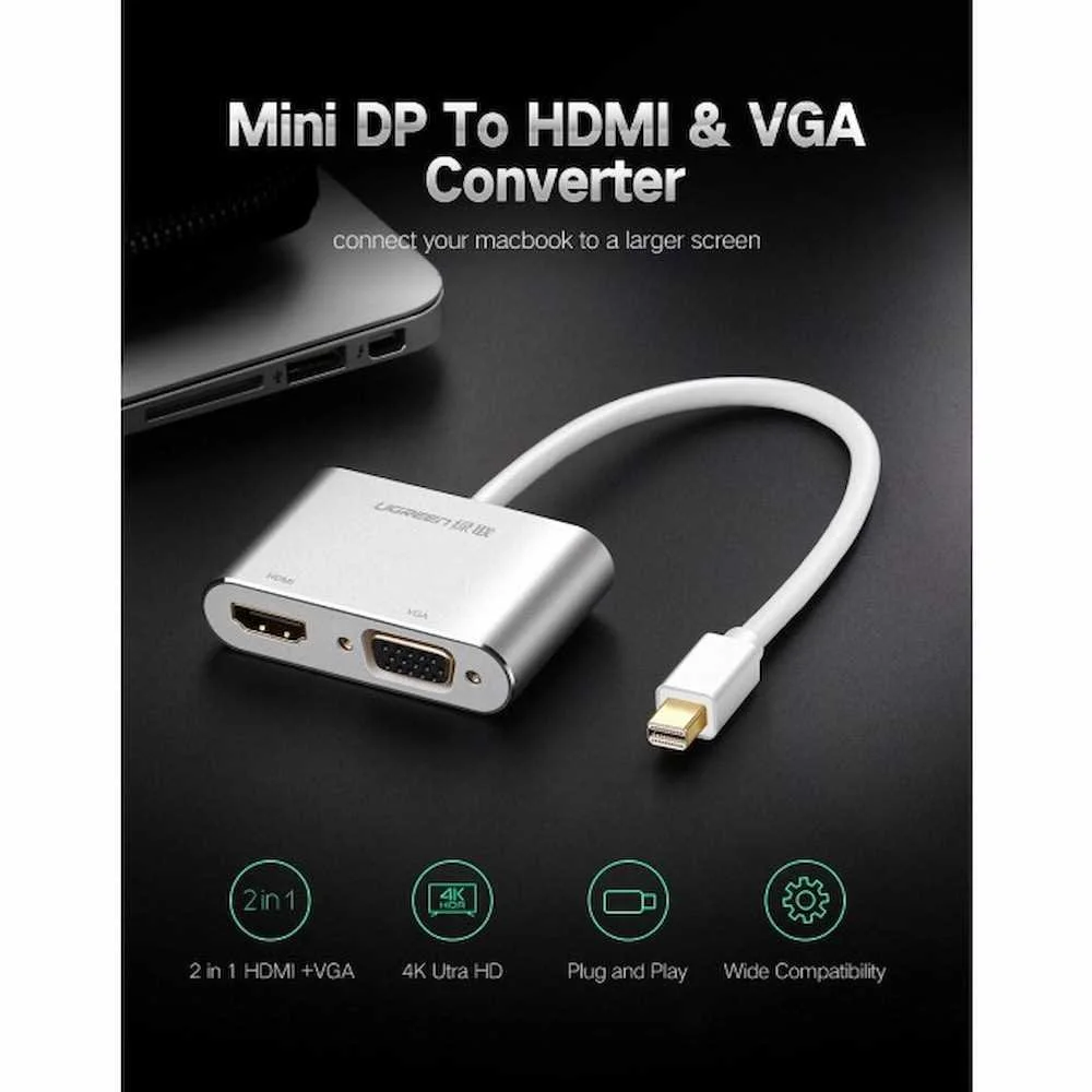 UGREEN MD115-20421 Ugreen Mini DisplayPort to HDMI & VGA Converter Silver , HDMI 4K*2K@30Hz , VGA 1920x1200 @60hz, HDMI view 2