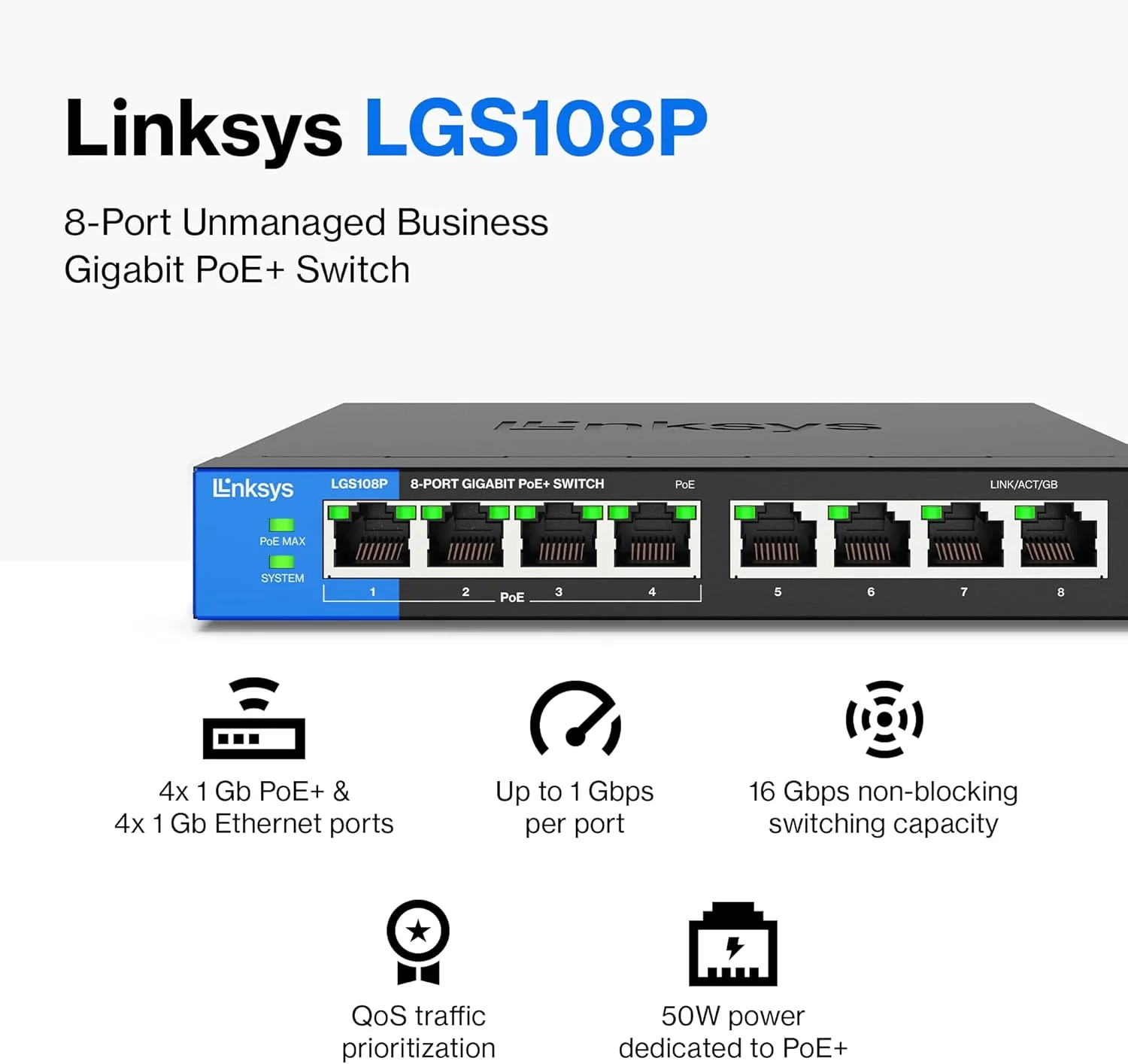 LINKSYS LGS108P-AP 8 Port Business Desktop Gigabit PoE+ Switch, Black