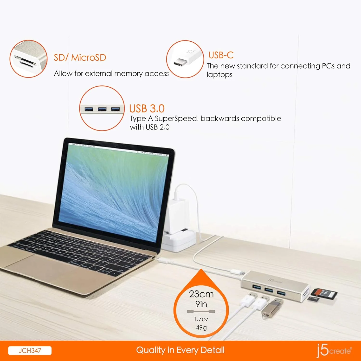 J5CREATE JCH347 J5CREATE USB 3.1 TYPE-C USB 3.0 HUB/CARD READER (SD/T-FLASH)