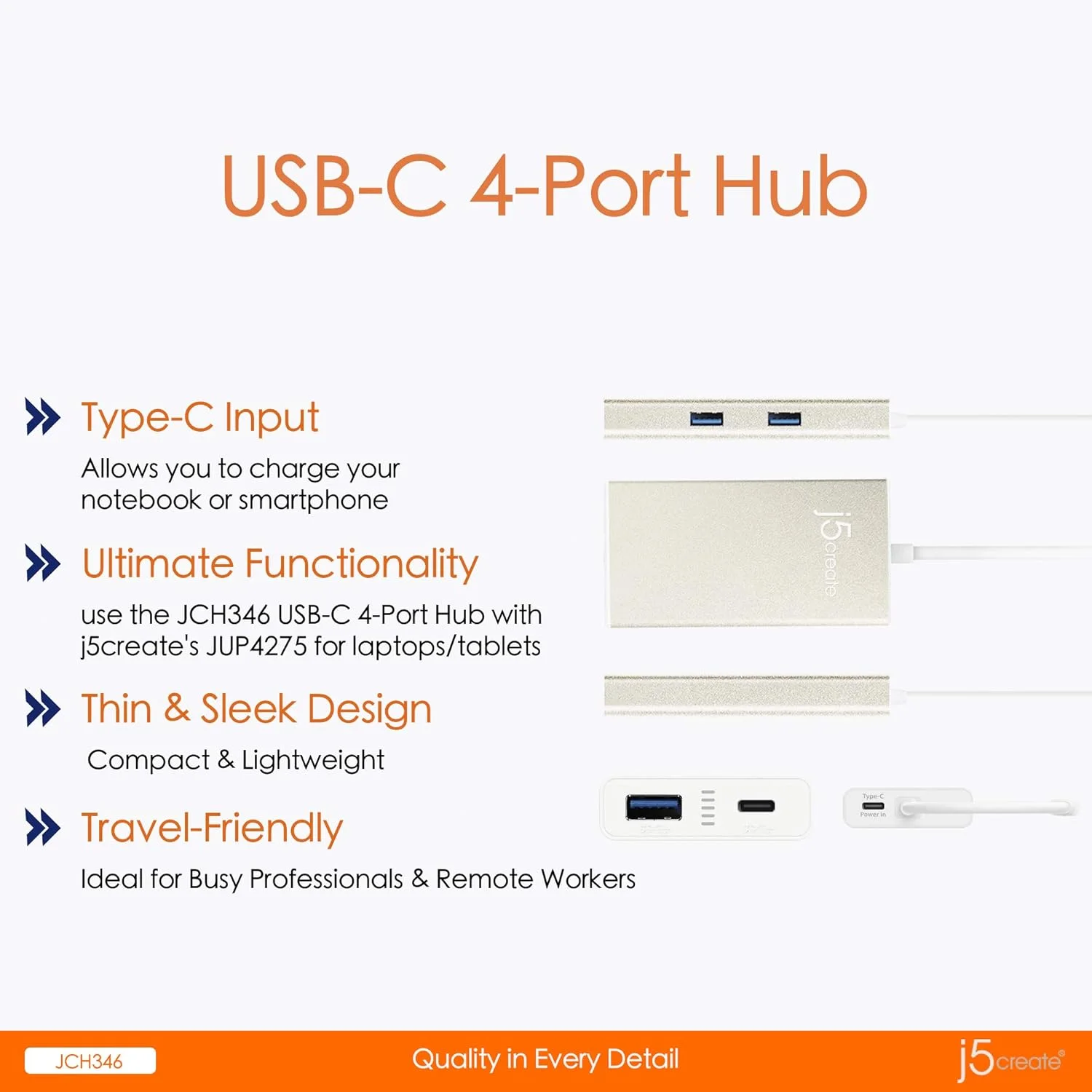 J5CREATE JCH346 USB Type-C to 4-Port Hub with Charging