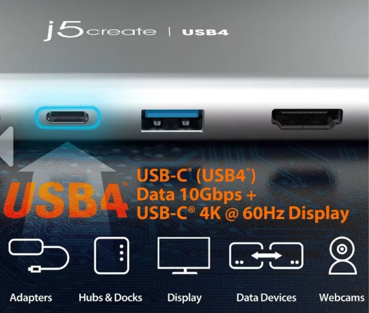 J5CREATE JCD401 j5create USB4 Dual 4K Multi-Port Hub -5 in 1 USB4 Hub with PD 85W, Dual 4K Display, DisplayPort 1.4, USB-A, USB-C Ports | for Macbooks, Windows Laptops, Thunderbolt 3/4, and USB4 Devices (JCD401)