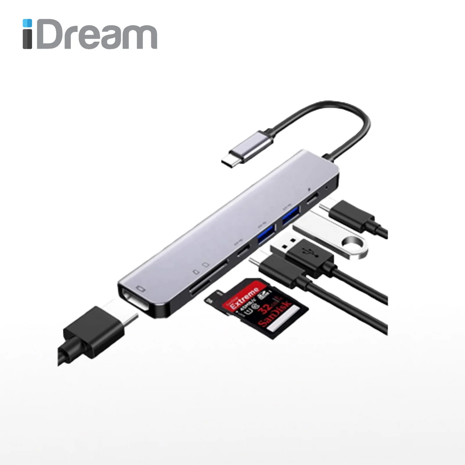 IDREAM ID7CH2C7P iDream 7 in 1 Multiport Adaptor 7 in 1 ( HDMI / USB 3.0 x 2 / USB C X 2 / SD& TF ) Support HDMI 4K R