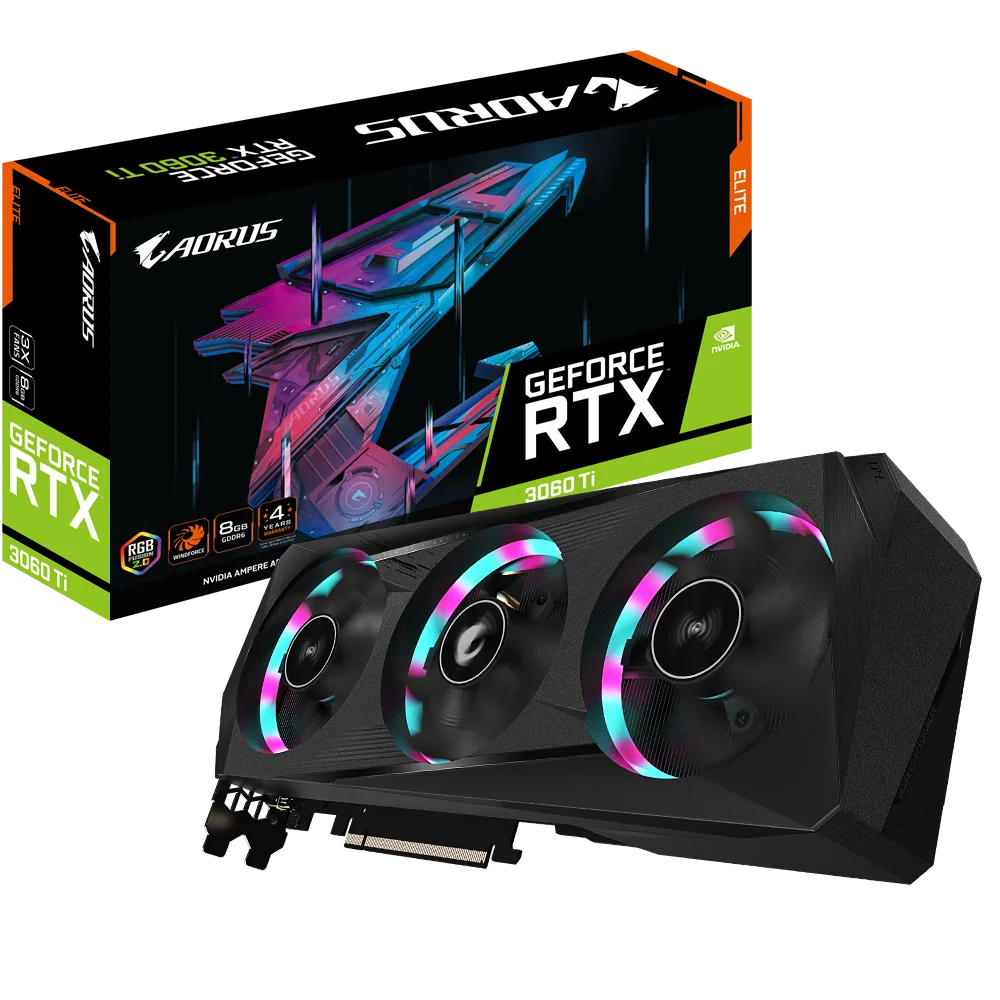 Gigabyte AORUS GeForce RTX 3060 Ti Elite 8G (REV2.0) Graphics Card, 3X WINDFORCE Fans, LHR, 8GB 256-bit GDDR6, GV-N306TAORUS E-8GD REV2.0 Video Card