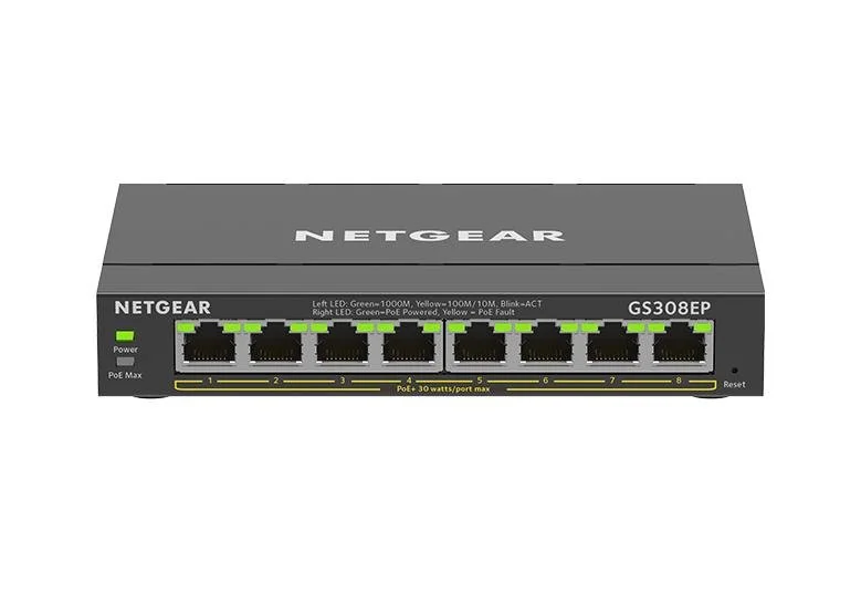 NETGEAR 8 Port Gigabit Ethernet Smart Managed Plus PoE Switch (GS308EP) - with 8 x PoE+ @ 62W, Deskt view 3