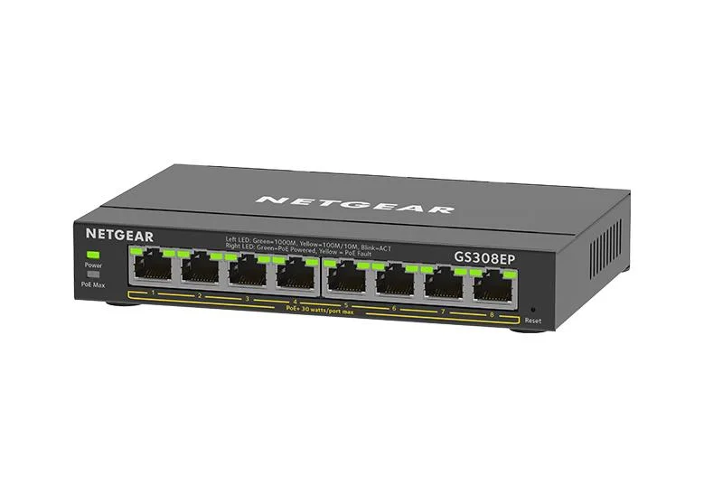 NETGEAR 8 Port Gigabit Ethernet Smart Managed Plus PoE Switch (GS308EP) - with 8 x PoE+ @ 62W, Deskt view 2
