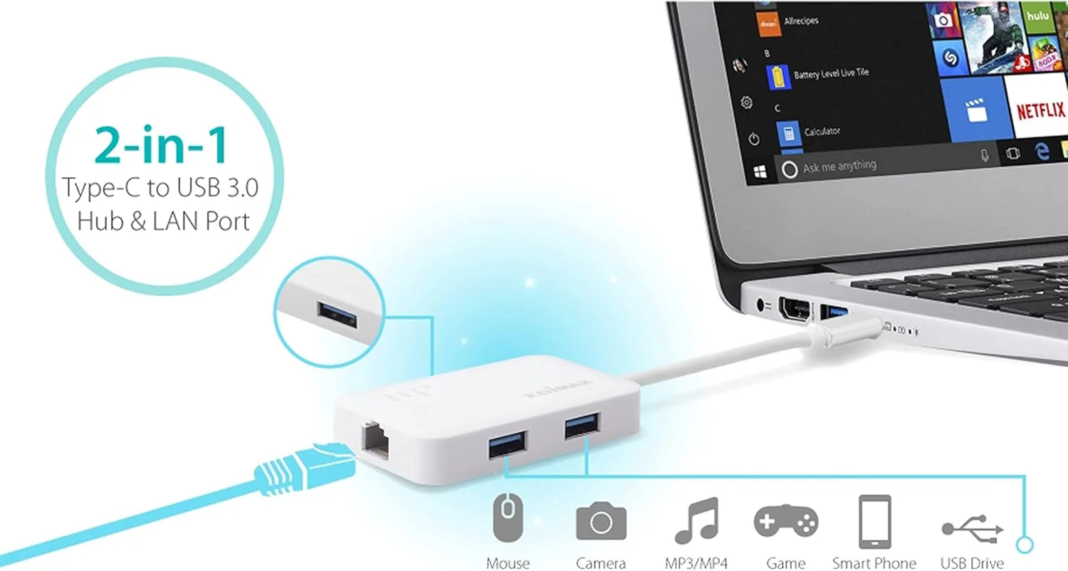 EDIMAX EU-4308 Edimax USB-C USB Hub with 3X USB 3.0 Ports and Gigabit Ethernet LAN Adapter, USB to RJ45 1000Mbps Ne