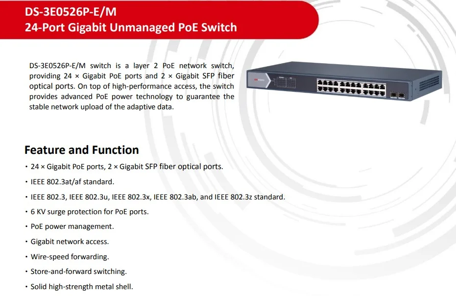 HIKVISION DS-3E0526P-E/M HIKVISION 24 Port Gigabit Unmanaged POE Switch