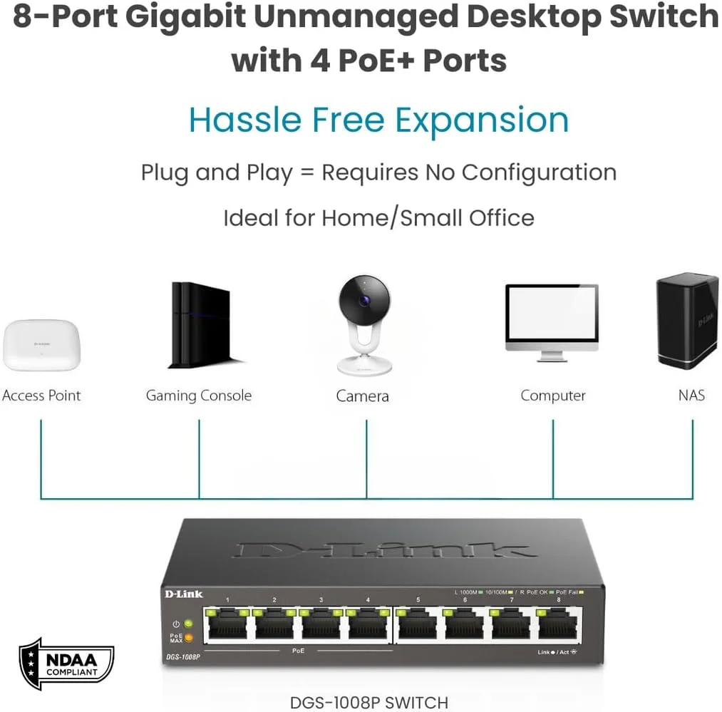 D-LINK DGS-1008P D-Link 8-port UTP PoE 10/100/1000Mbps (PoE port count/Average PoE watts per port: 4 (Port 1 - 4) / 1
