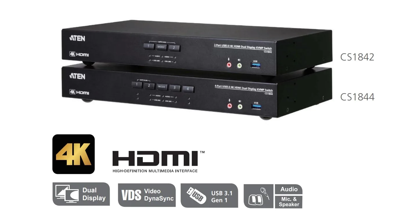 ATEN CS1842 ATEN 2 Port USB3.0 True 4K HDMI 2.0 Dual Display KVMP SW, HDCI 2.2, 2 port USB 3.1 hub, push buttons