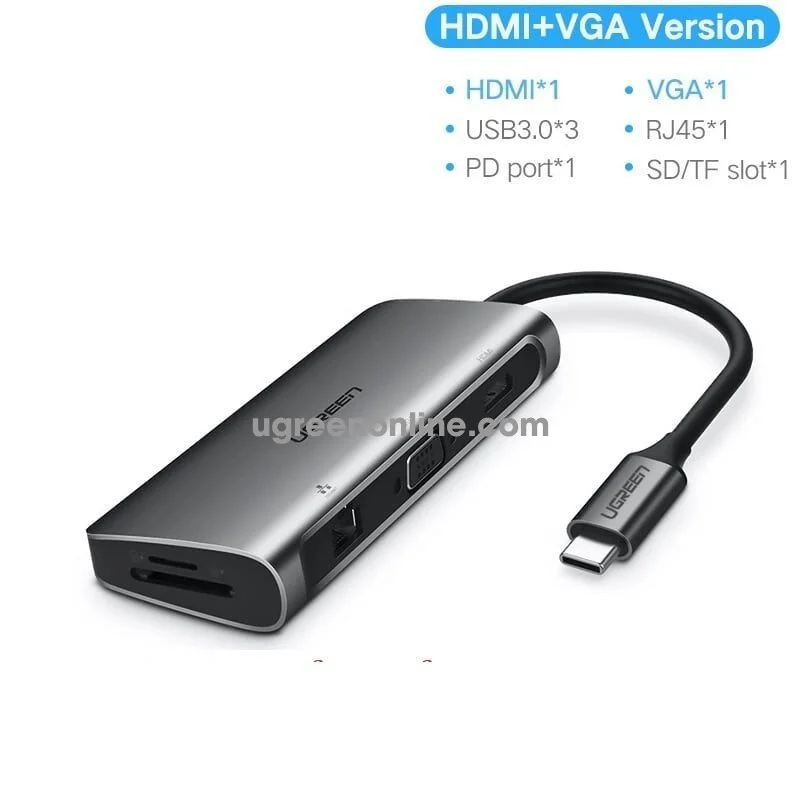 UGREEN CM179-40873 Ugreen 9 in 1 USB C Multifunctional converter, Gray - 3*USB 3.0 A Female, 1*HDMI 4K, 1*VGA , 1*RJ45