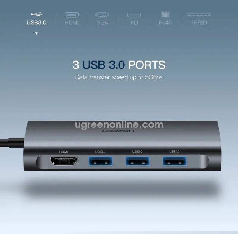 UGREEN CM179-40873 Ugreen 9 in 1 USB C Multifunctional converter, Gray - 3*USB 3.0 A Female, 1*HDMI 4K, 1*VGA , 1*RJ45 view 2