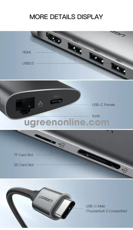 UGREEN CM179-40873 Ugreen 9 in 1 USB C Multifunctional converter, Gray - 3*USB 3.0 A Female, 1*HDMI 4K, 1*VGA , 1*RJ45 view 4