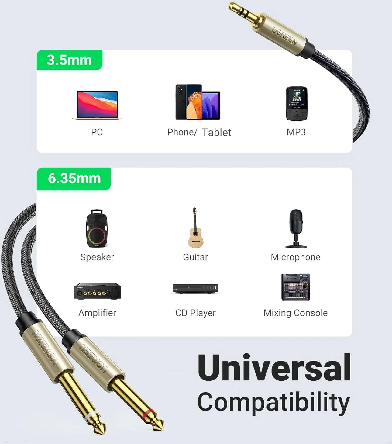 UGREEN AV126-10613 Ugreen 10613 1M Gray 3.5mm TRS to Dual 6.35mm TS Audio Cable view 4
