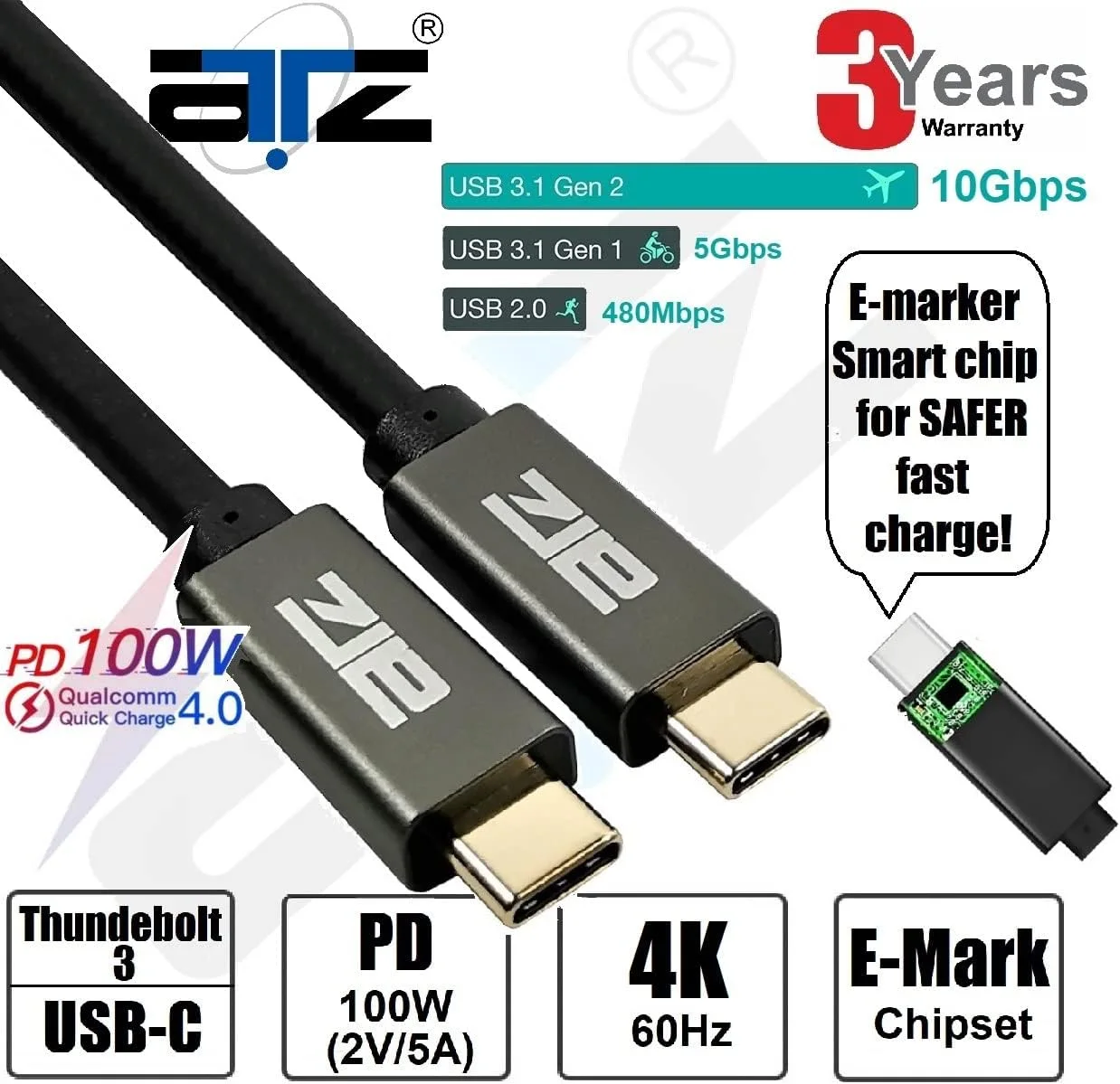 ATZ USB-C-MM-3M USB3.1 Gen 2 Type-C Male/Male Cable w/EMARK, 10GB Data/Charging 60W 3A/ 4K@30Hz (3M)