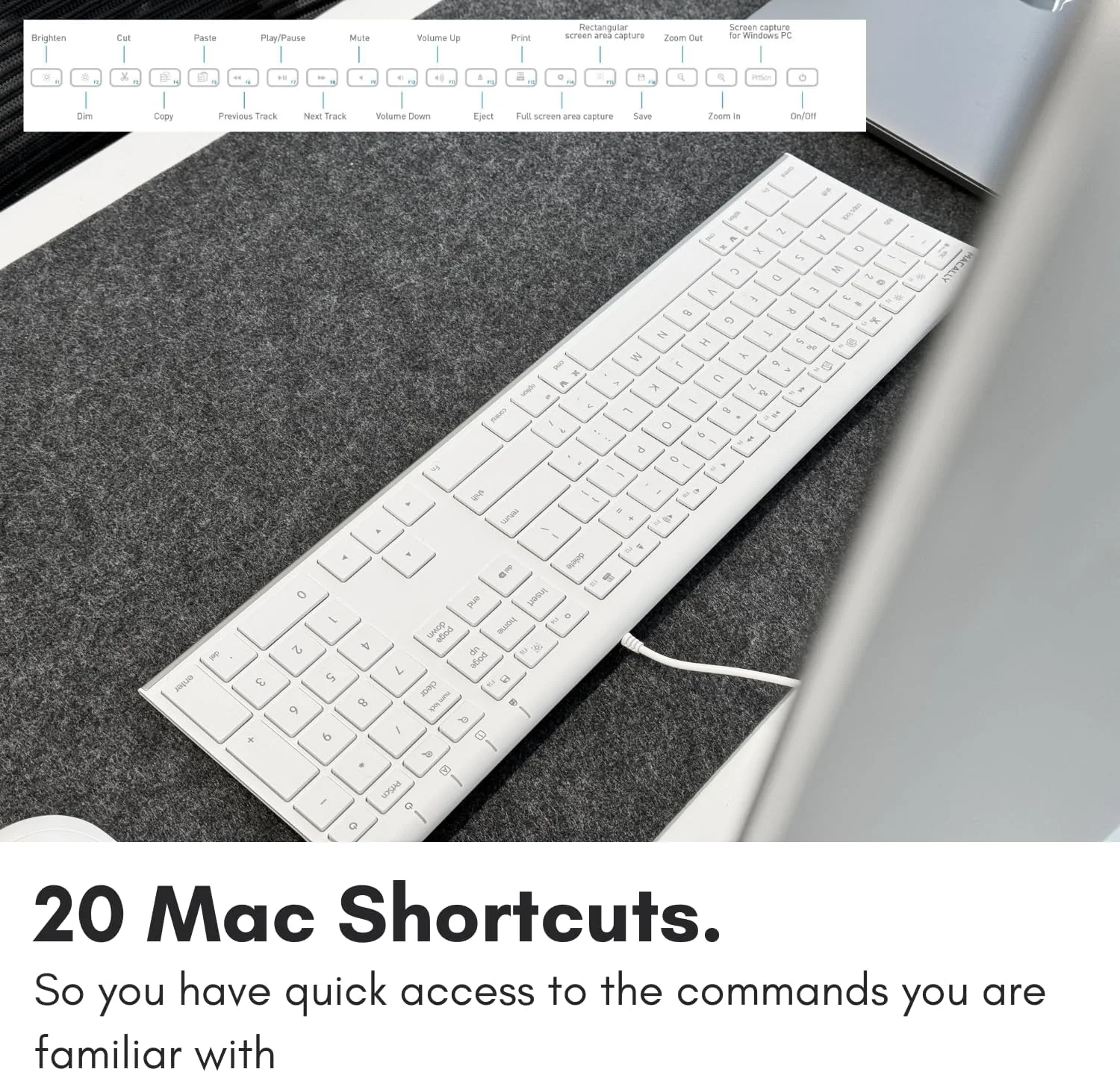 MACALLY ACEKEYA Macally Mac wired keyboard US layout all aluminum frame slim quiet scissor type keys with numeric keypad
