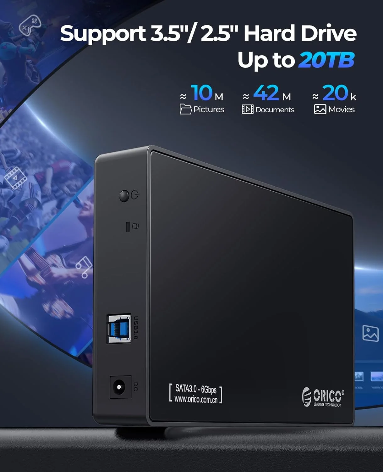 Orico 2.5 / 3.5 inch USB3.0 Hard Drive Dock 1) Material: ABS 2) Supported HDD: 2.5''&3.5'' SATA HDD