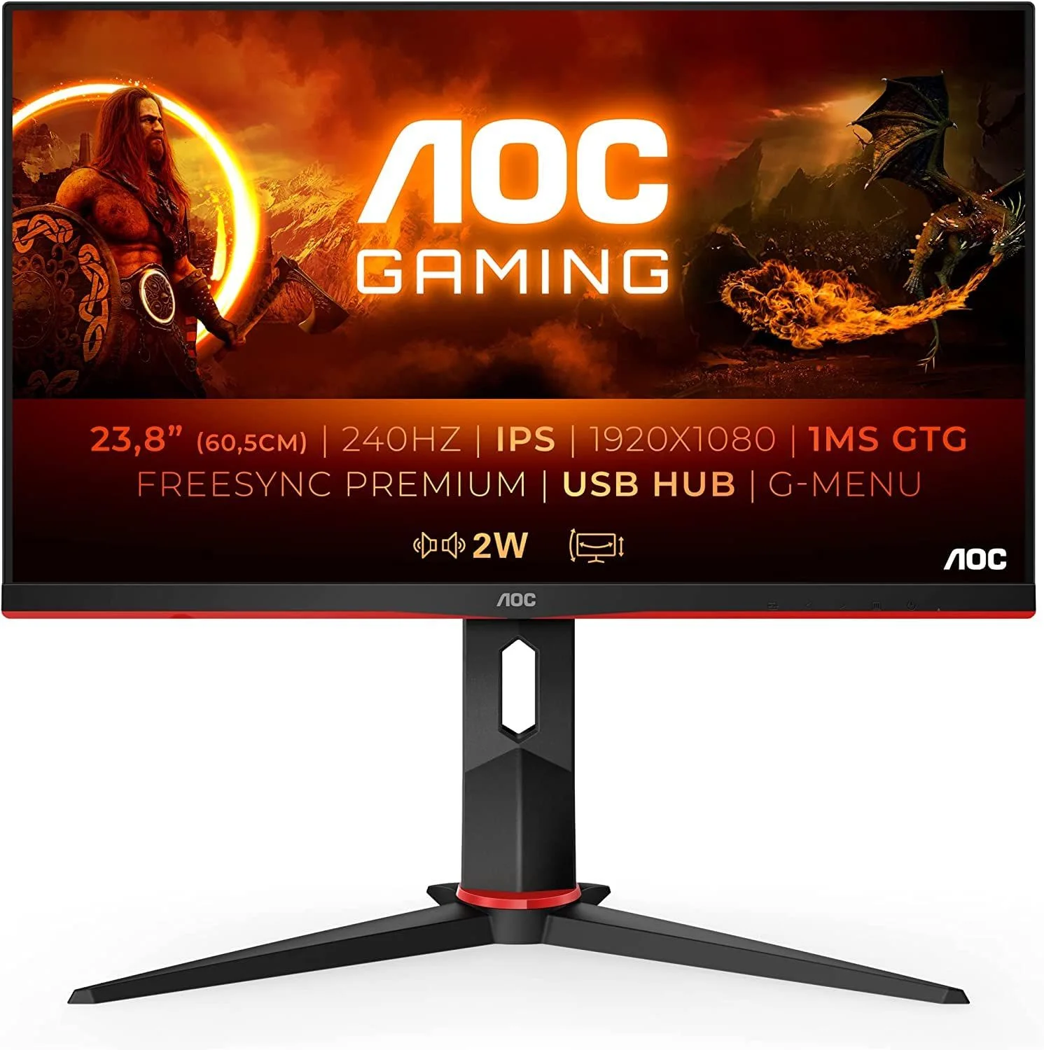 AOC 24G2Z IPS 23.8" 2*HDMI/ DP/ Adaptive Sync/ HDR/ Height Adj/ Pivot/ 240Hz/ 0.5ms