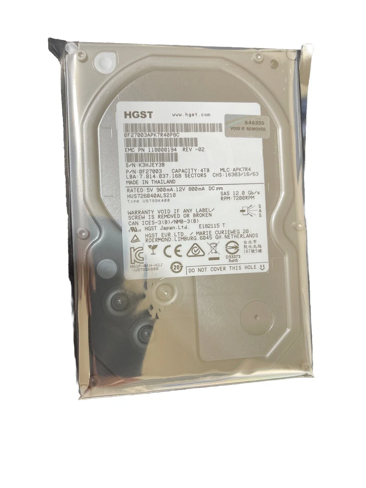 HGST HITACHI HGST HUS726040ALS210 0F22993 4TB 7.2K 12G LFF 3.5" SAS