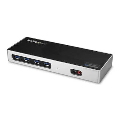 Startech.Com USB-C / USB 3.0 Docking Station Dual 4K StarTech.com USB Type C Docking Station for Notebook - 40 W Power Supply - Black, Silver - 2 Displays Supported - 4K - 3840 x 2160, 4096 x 2160 - 6 x USB 3.0 - USB Type-C - Network (RJ-45) - HDMI - DisplayPort - Audio Line Out - Microphone - Thunderbolt - Wired - Gigabit Ethernet - Windows XP, Windows Vista, Windows 7, Windows 8, Windows 8.1, Windows 10, Windows 11, Mac OS X 10.6 Snow Leopard, Mac OS X 10.12 Sierra, Mac OS X 10.14 Mojave, Mac