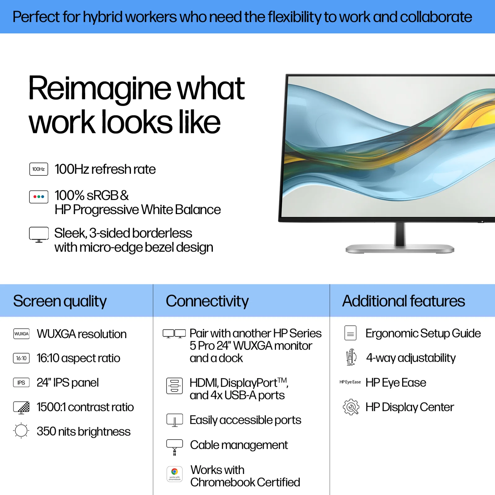 Hp S5 Pro 24IN WUXGA 524pn Monitor HP 524pn 24" Class WUXGA LCD Monitor - 16:10 - Black - 61 cm (24") Viewable - In-plane Switching (IPS) Technology - 1920 x 1200 - 350 cd/m² - 5 ms - 100 Hz Refresh Rate - HDMI - DisplayPort - VESA Mount Compatible - USB Hub view 4